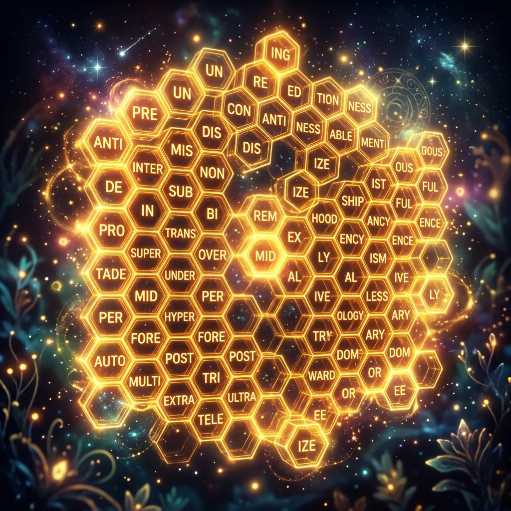 Glowing honeycomb structure with word prefixes