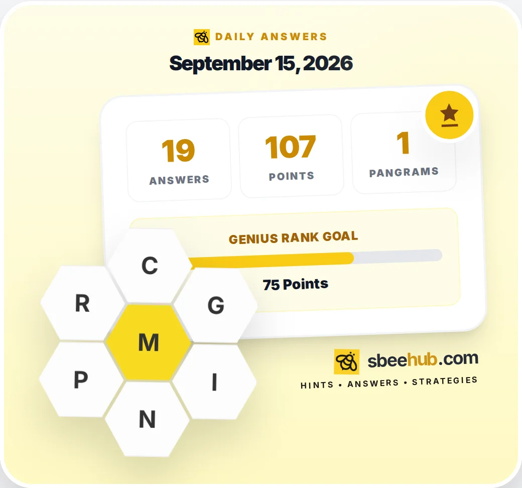 Spelling Bee hive for September 15, 2026 with center letter M