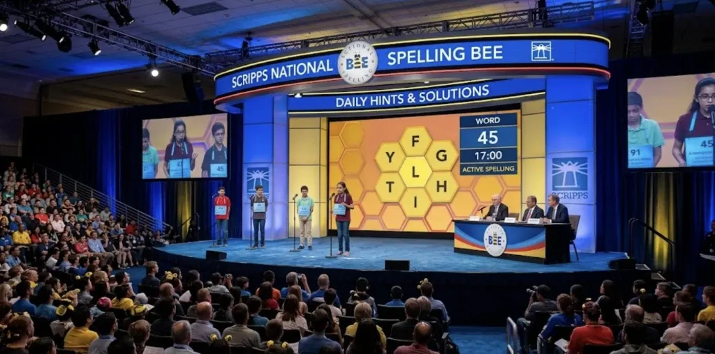 Scripps National Spelling Bee championship stage and trophy