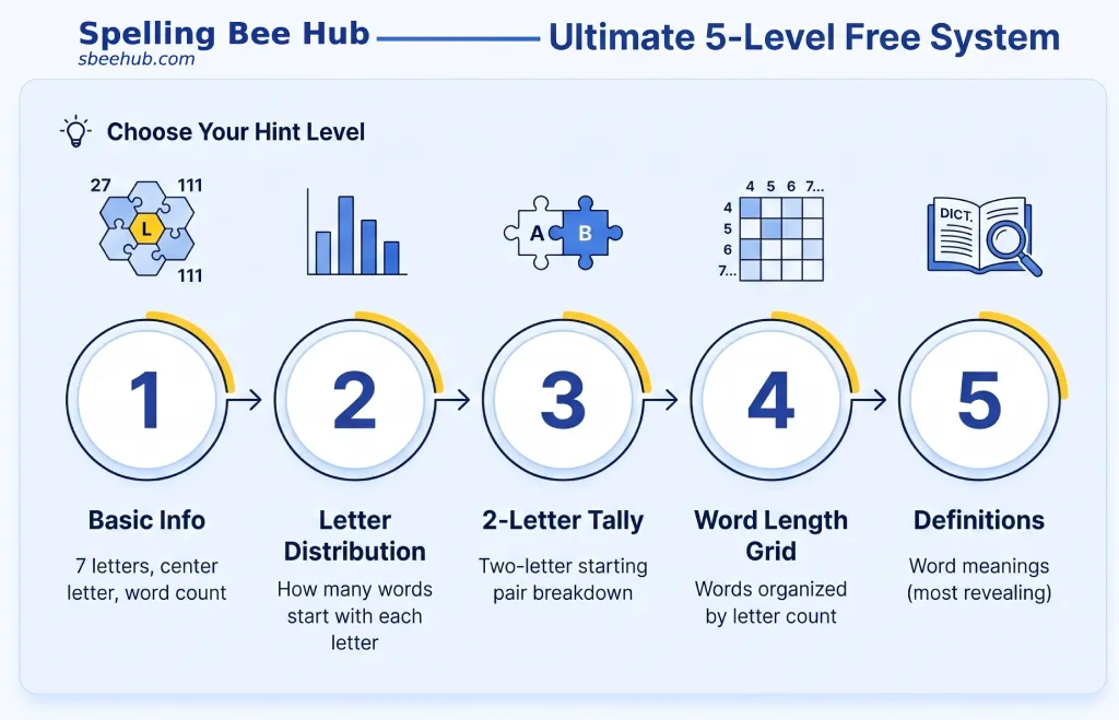 NYT Spelling Bee hints today — 5-level progressive hint system from basic info to full word definitions