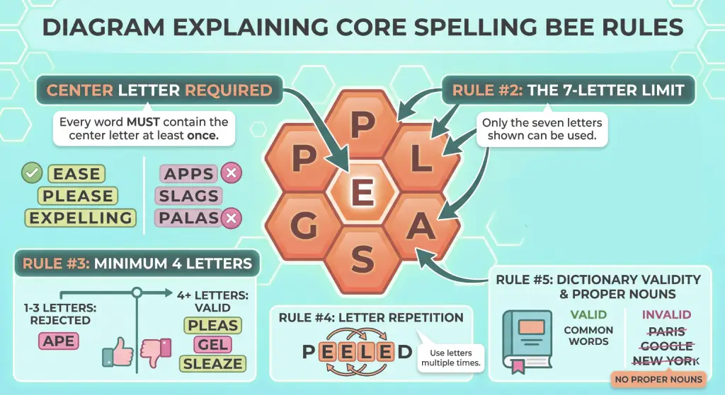 Diagram explaining the core spelling bee rules including center letter and minimum length